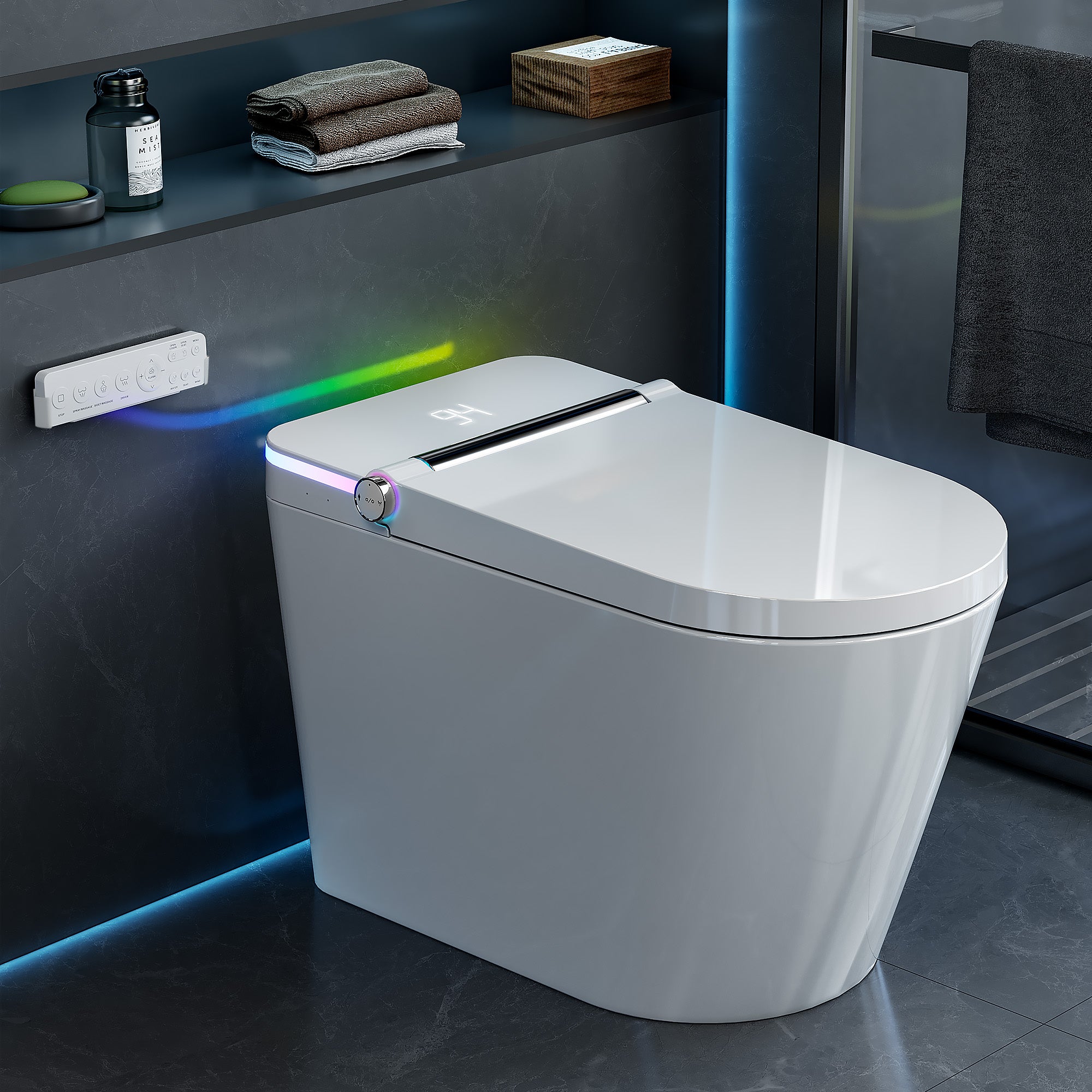 YULIKA-U5 Muti-Color LED Light Elongated Floor Mounted Bidet Toilet One-piece Smart Toilet with Warmed Seat & Warm Air Drying & Cleaning Function